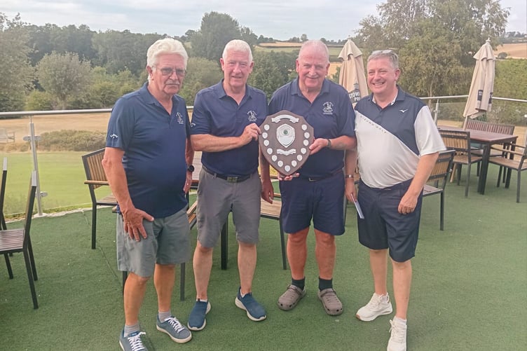 Away Day Trophy winners Jim Fairweather, Roger Hall and Joe Liddington with Seniors’ Captain Kev Doyle (second right).