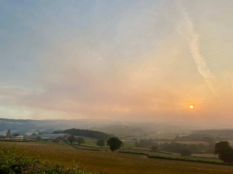 Smoke blew east towards Monmouth from the Black Mountains and Brecon Beacons, as this view from Manson Lane shows