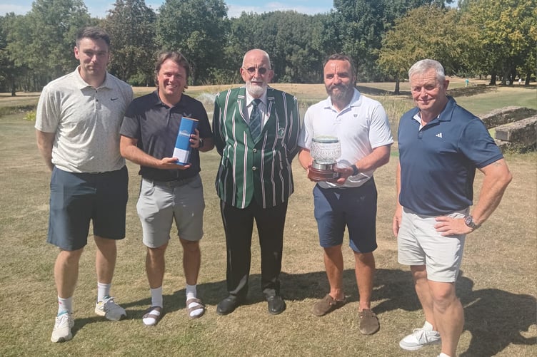 Lee Ayres, Chris Jones, club president Geoff Norris, Josh Sargent and Men’s Captain Steve Jones following the Forest Hills Rose Bowl Team Stableford. Lance Evans, who completed the winning quartet, had to leave early, while Jones is pictured holding his prize from the President’s Drive In.