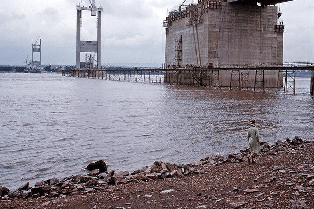 The Severn Bridge under construction in the 1960s, before the landmark crossing between Aust and Beachley opened to traffic in September 1966.