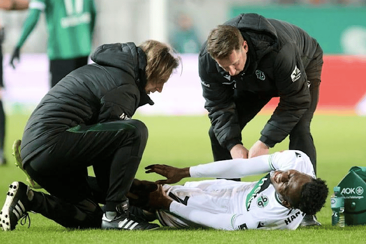 Former Hartpury star Mustapha Bundu is helped from the pitch after suffering a thigh injury which will keep him out for several weeks.