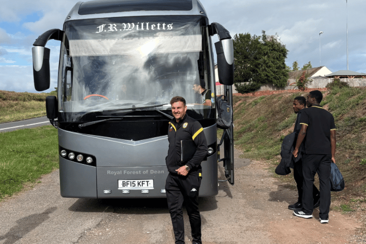 Newent Town players board the coach ahead of their FA Vase trip to AFC Aldermaston.