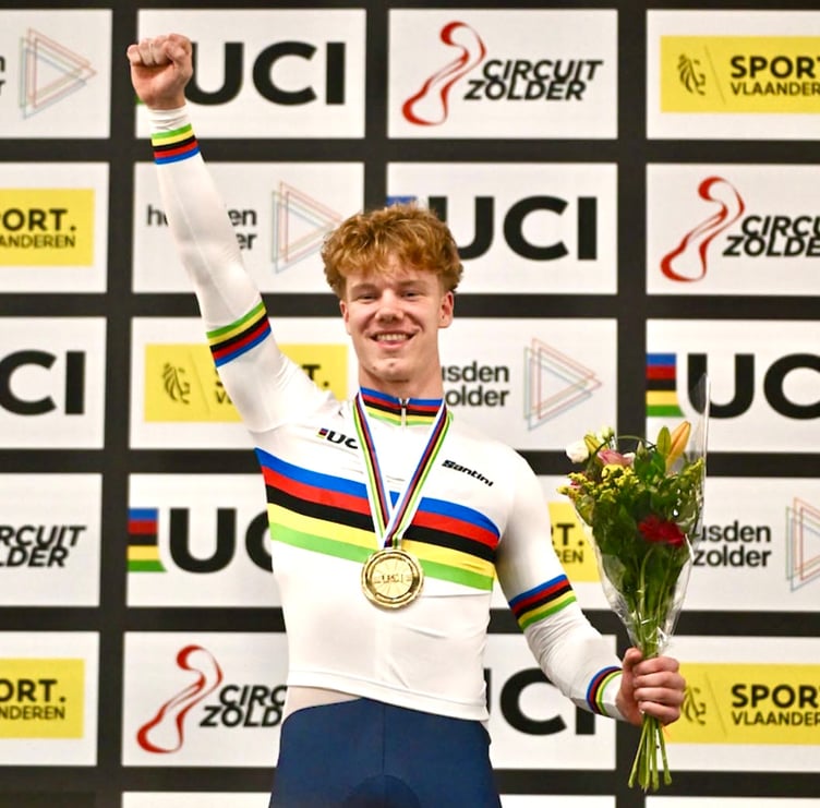 Ioan Hepburn celebrates after winning World Junior gold in Belgium