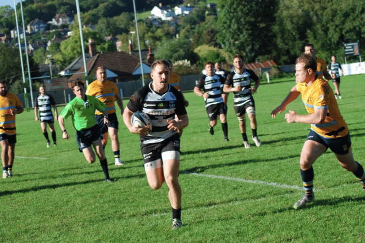 George Gladding races through to score Lydney’s second try against Trowbridge.