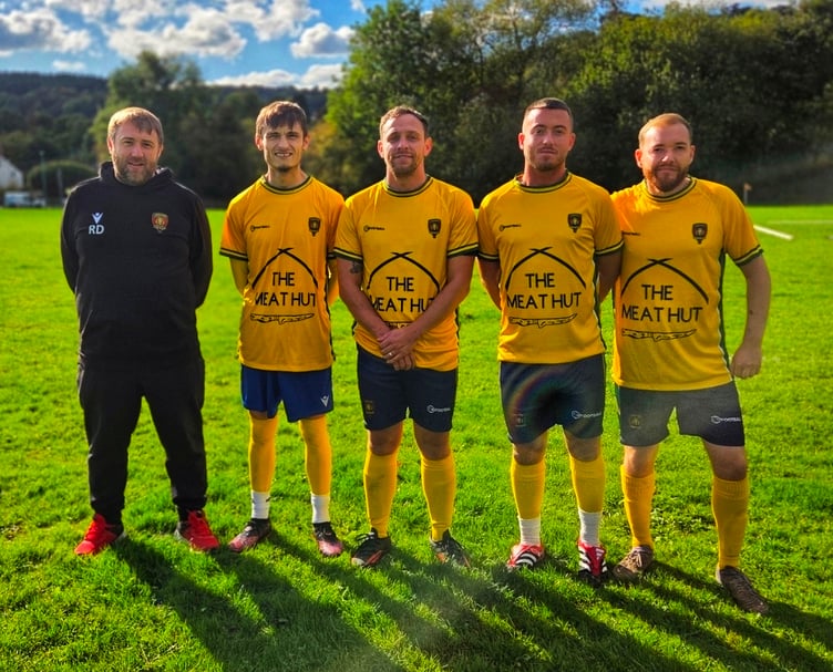 Longhope Reserves manager Ryan Davies with vice-captain Tom O'Hara, assistant manager Ryan Dean, Richard Watkins and captain Robbie Clark.
