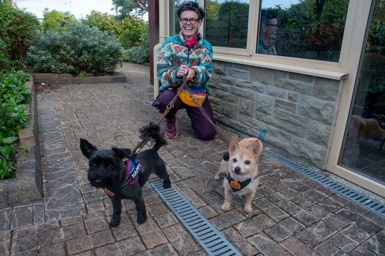 Hospice fundraiser Nicky Hampton with terriers George and Buster at the Coleford walk.