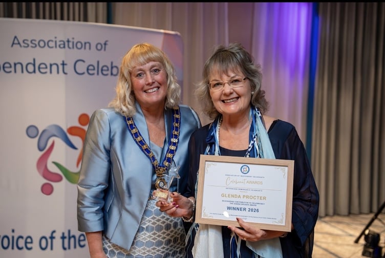 Glenda Proctor (right) was presented with the award by Association of Independent Celebrants president Rebecca Boothroyd. Picture: Black Magic Studios.